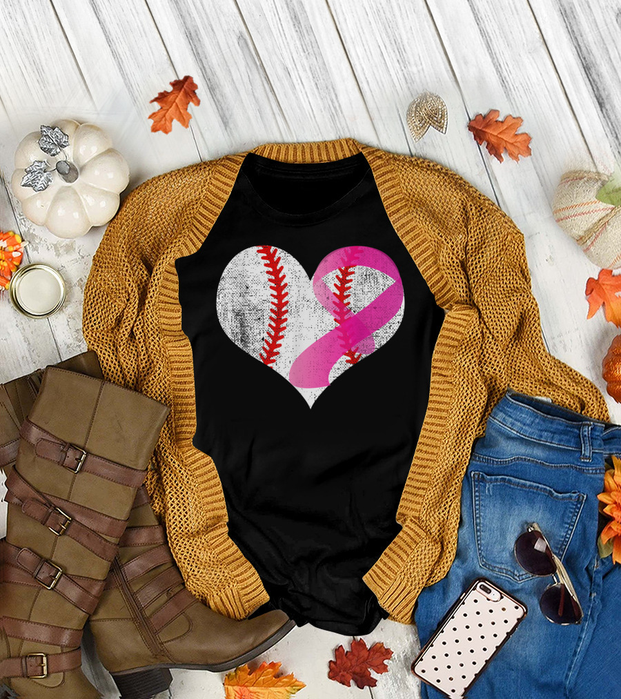 Baseball Heart Pink Ribbon Breast Cancer Awareness Mom81 T-Shirt
