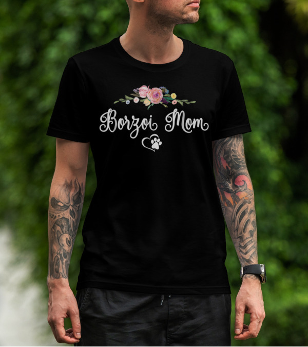 Borzoi Mom Floral Heart Paw Prints T-Shirt