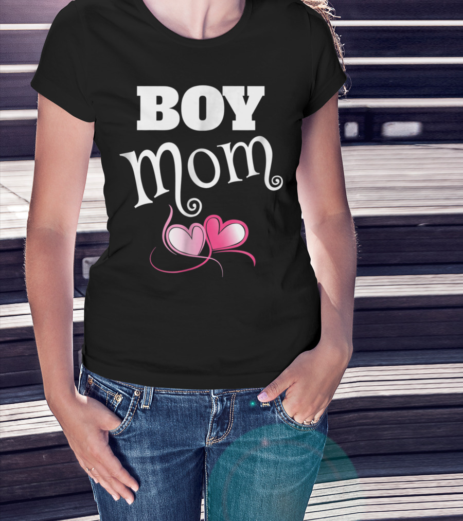 Boy Mom Love My Boys Gender Reveal Party Hearts T-Shirt