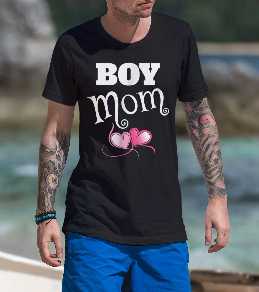 Boy Mom Love My Boys Gender Reveal Party Hearts T-Shirt