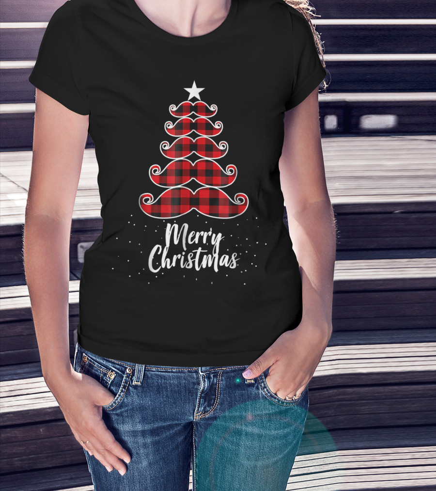 Merry Christmas Buffalo Plaid Moustache Tree Mom Kid61 T-Shirt