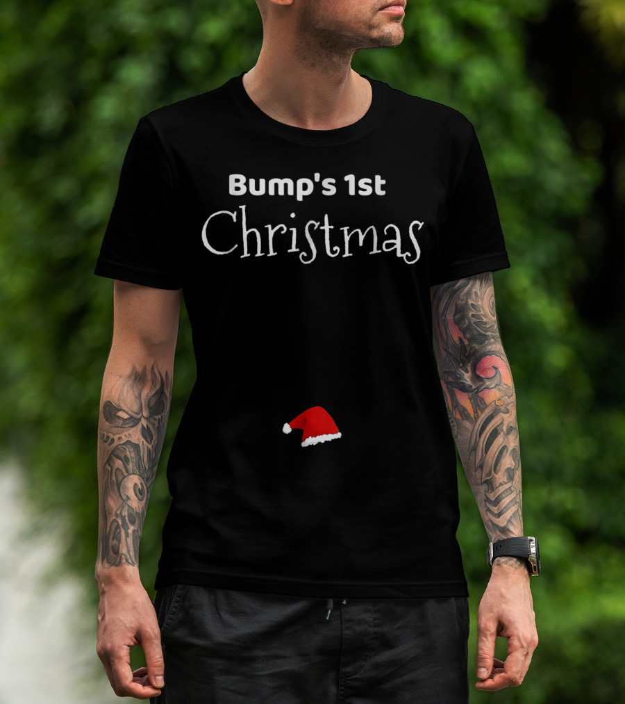 Bump's 1st Christmas Fun Pregnancy Reveal New Mom Holiday Santa Hat T-Shirt