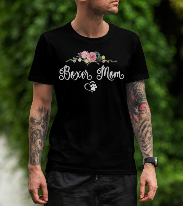 Boxer Mom Floral Paw Heart T-Shirt