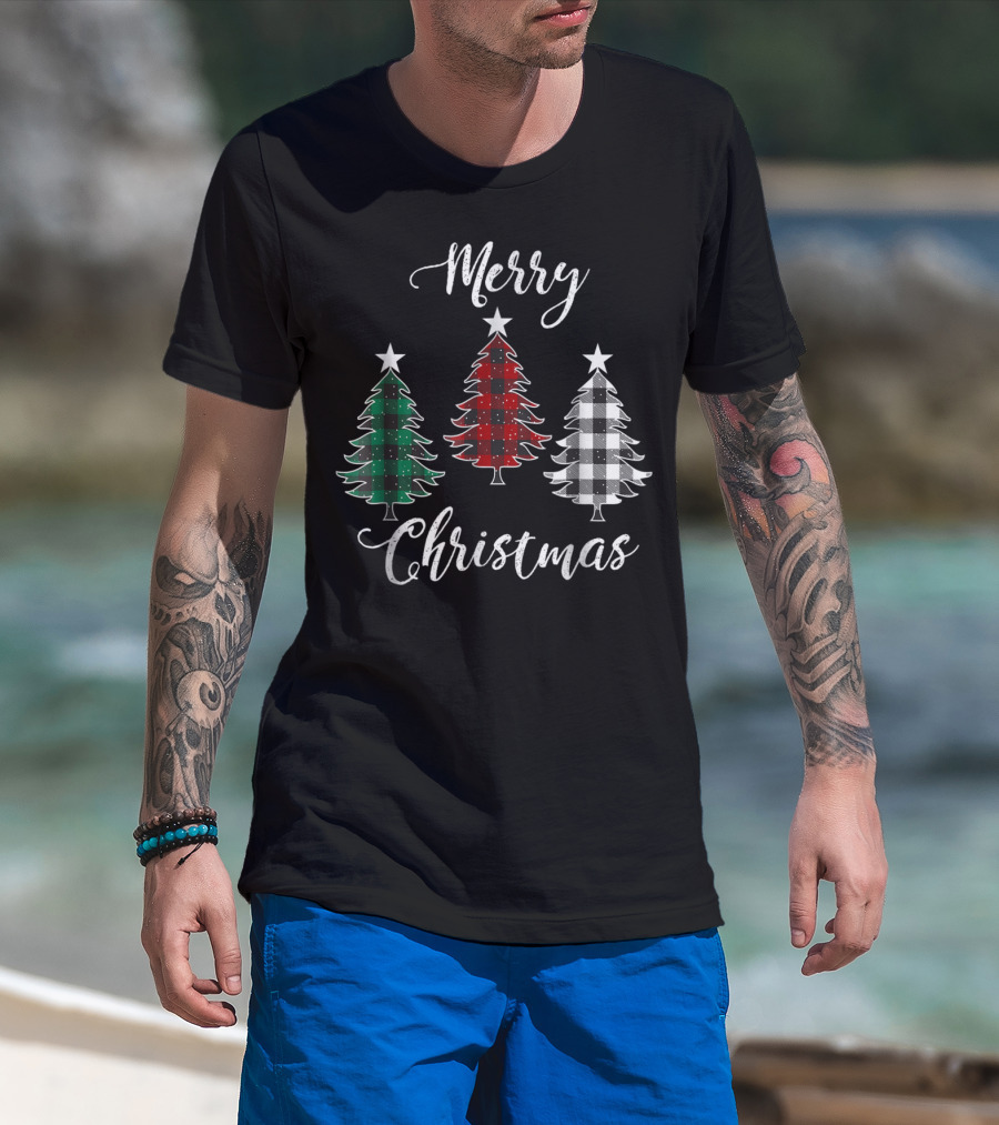 Merry Christmas Buffalo Plaid Trees Dad And Kids T-Shirt