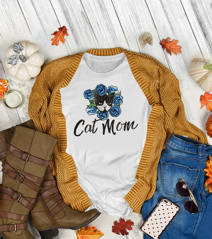 Cat Mom Floral Tuxedo Cat Blue Roses T-Shirt
