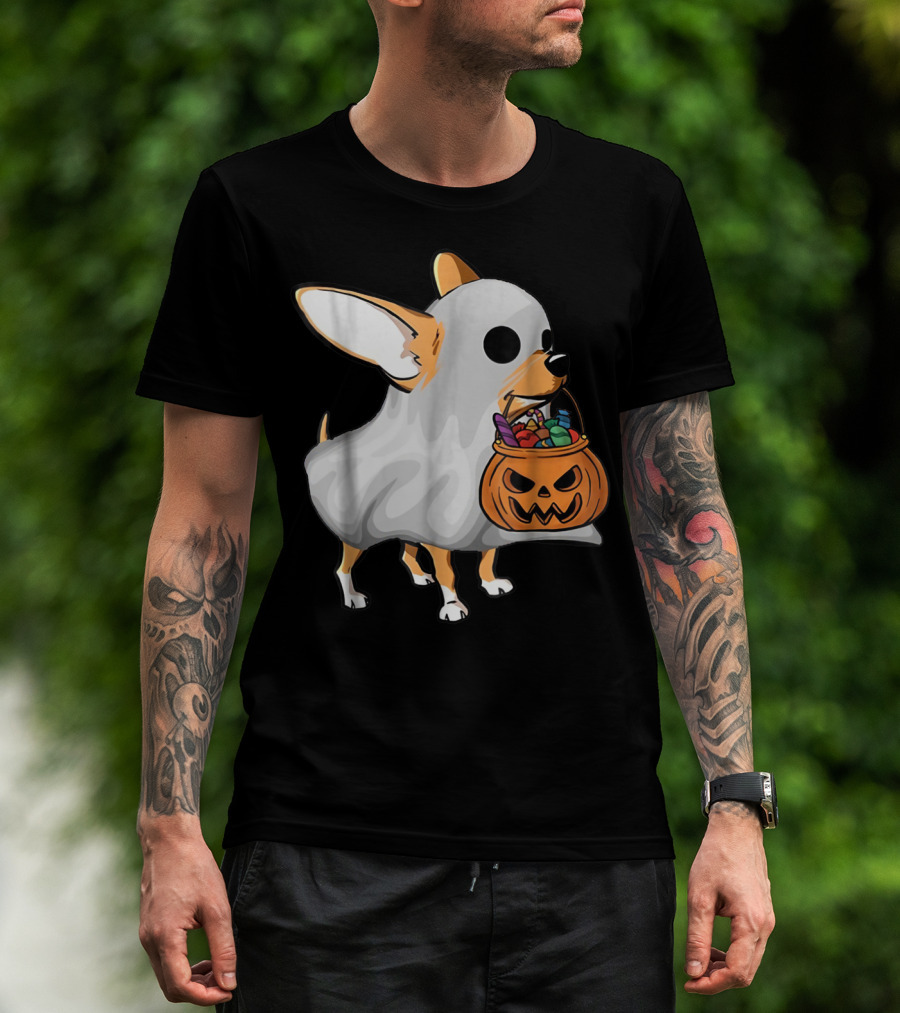 Ghost Chihuahua Trick-or-Treat Pumpkin Basket T-Shirt