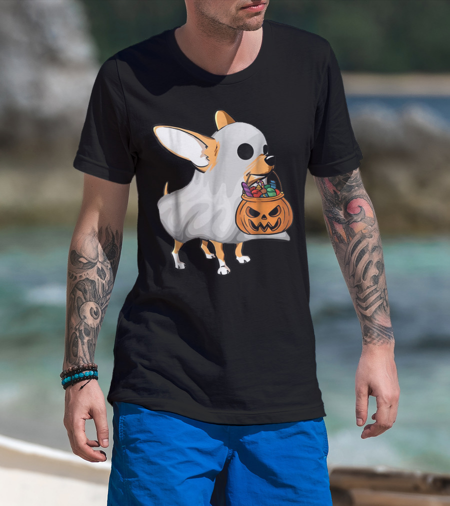 Ghost Chihuahua Trick-or-Treat Pumpkin Basket T-Shirt