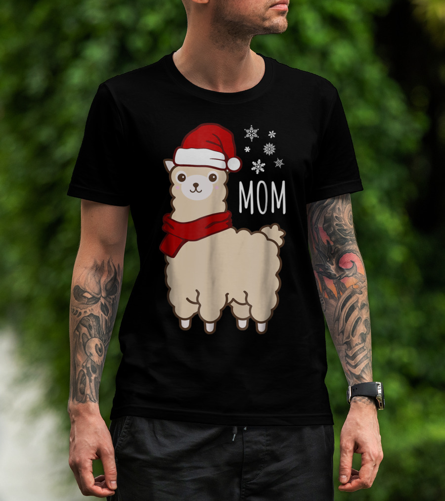 Christmas Mom Llama Cria Herd Xmas Mother Santa Hat Snowflakes T-Shirt