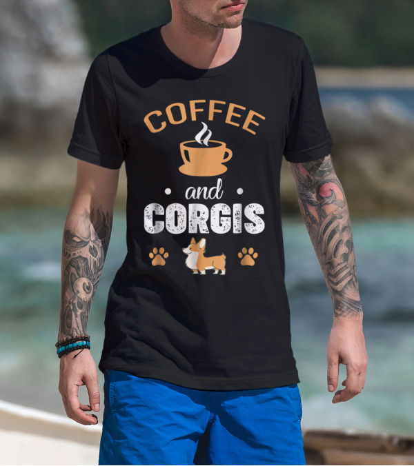 Coffee And Corgis Cute Welsh Corgi With Paw Prints And Coffee Cup T-Shirt