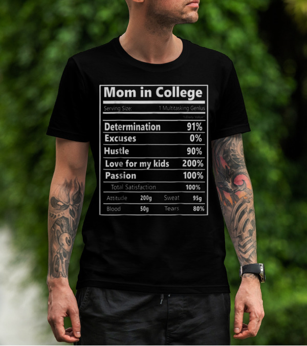 Mom In College Nutrition Facts Determination 91% Hustle 90% Love For My Kids 200% Passion 100% Total Satisfaction T-Shirt