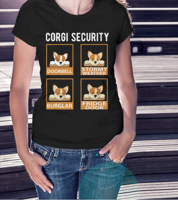 Corgi Security Doorbell Stormy Weather Burglar Fridge Door Pembroke Welsh Dog Mom Funny T-Shirt