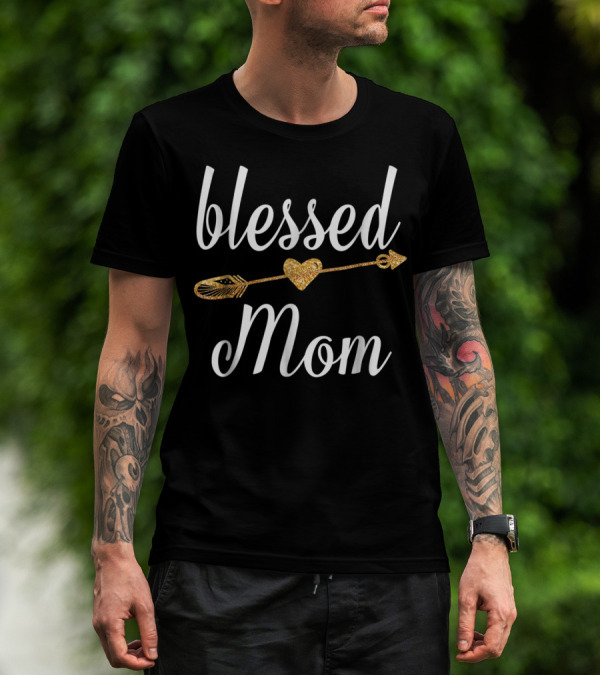 Blessed Mom Gold Heart Arrow T-Shirt