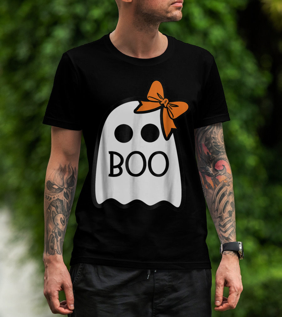 Cute Ghost Boo With Orange Bow For Halloween T-Shirt