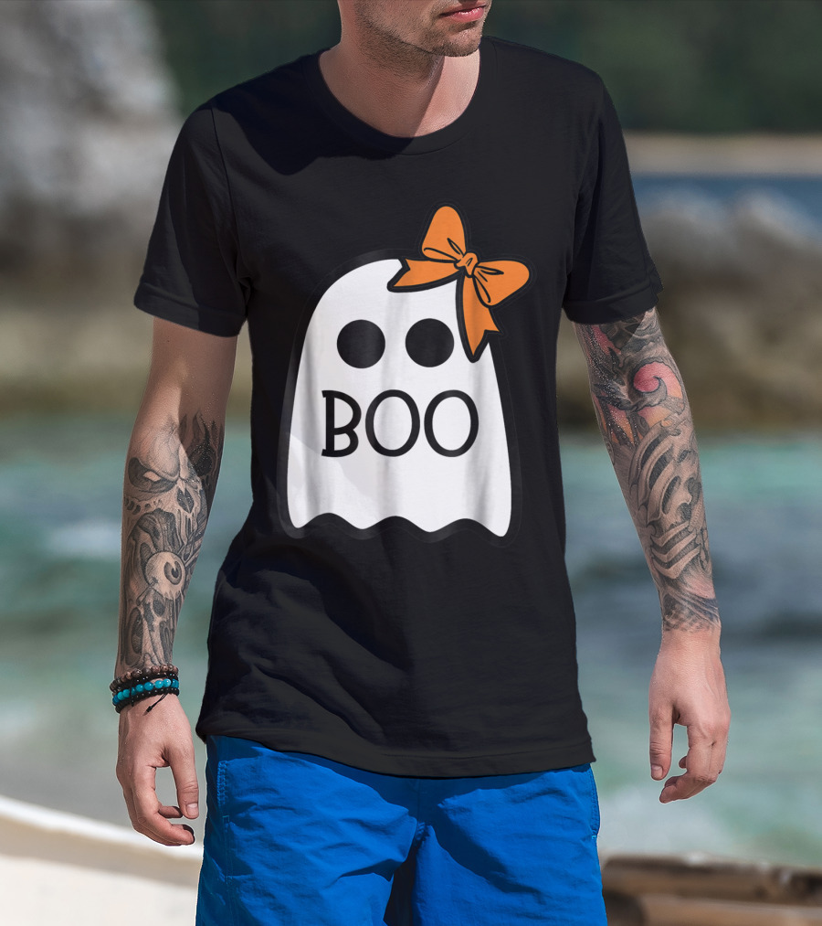 Cute Ghost Boo With Orange Bow For Halloween T-Shirt