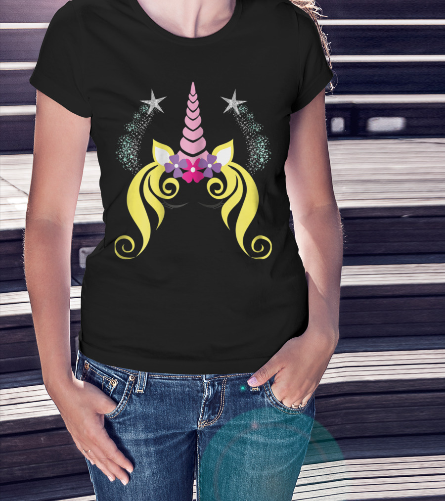Floral Unicorn Face With Sparkling Stars Birthday T-Shirt