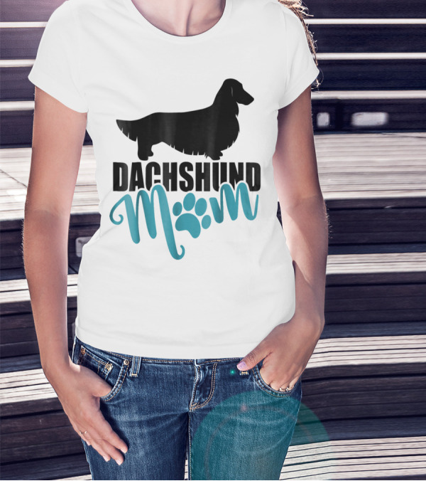 Dachshund Mom Longhair Silhouette With Blue Pawprint Accent T-Shirt