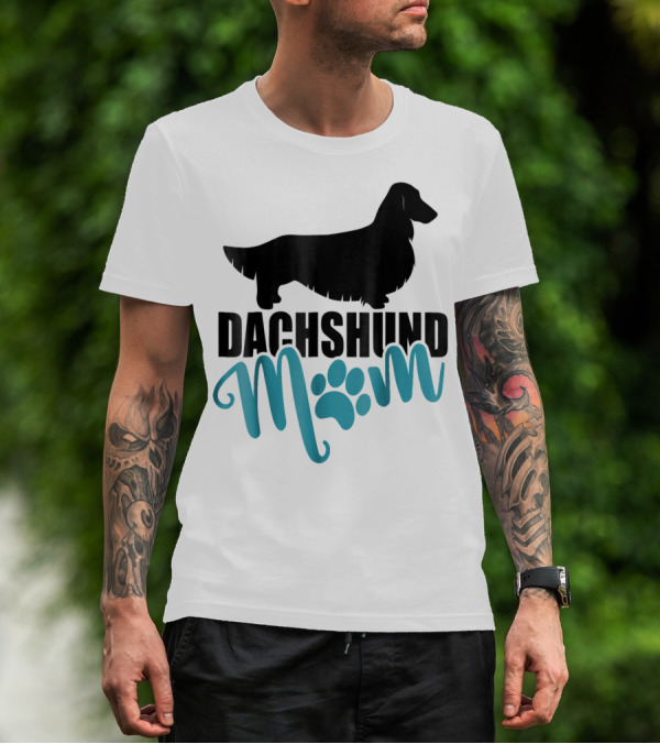 Dachshund Mom Longhair Silhouette With Blue Pawprint Accent T-Shirt