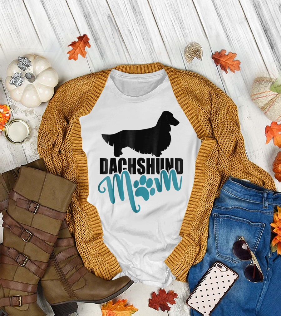Dachshund Mom Longhair Silhouette with Blue Pawprint Accent T-Shirt
