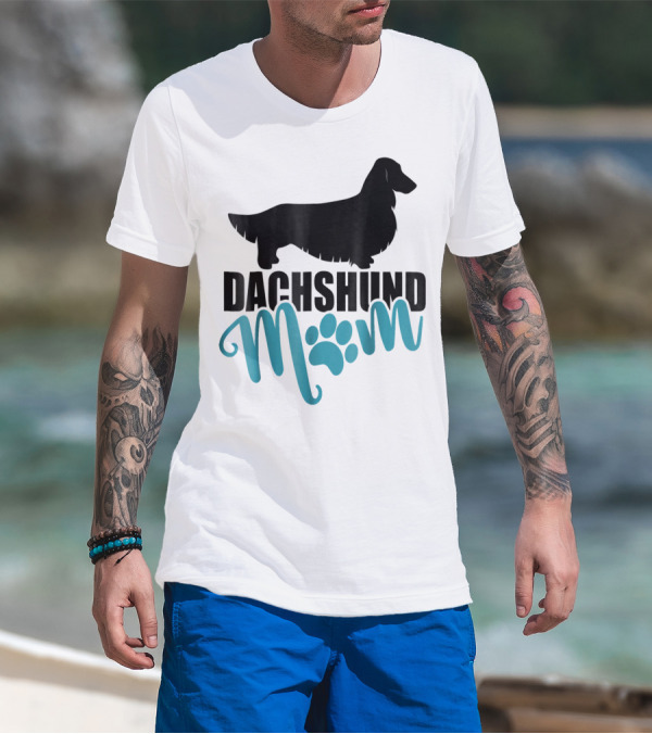 Dachshund Mom Longhair Silhouette With Blue Pawprint Accent T-Shirt
