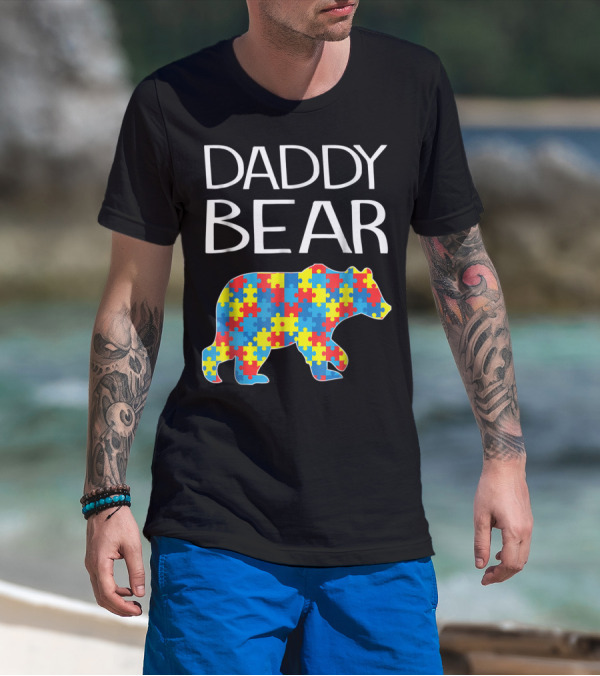 Daddy Bear Autism Puzzle Pattern Child Dad T-Shirt