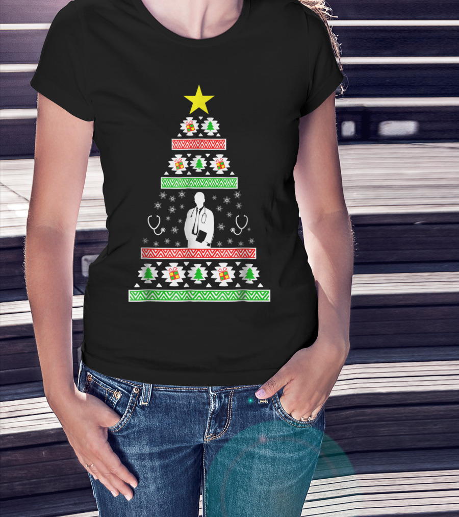 Doctor Christmas Tree Stethoscope Pattern Dad35 T-Shirt