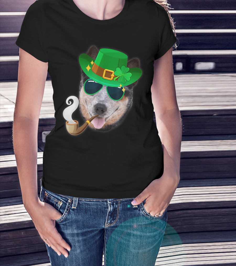 Australian Cattle Dog Leprechaun With Pipe And Shamrock Hat T-Shirt