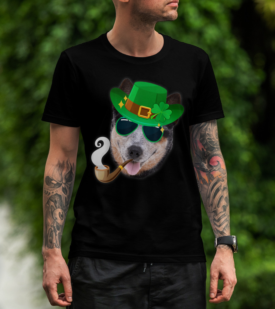 Australian Cattle Dog Leprechaun With Pipe And Shamrock Hat T-Shirt