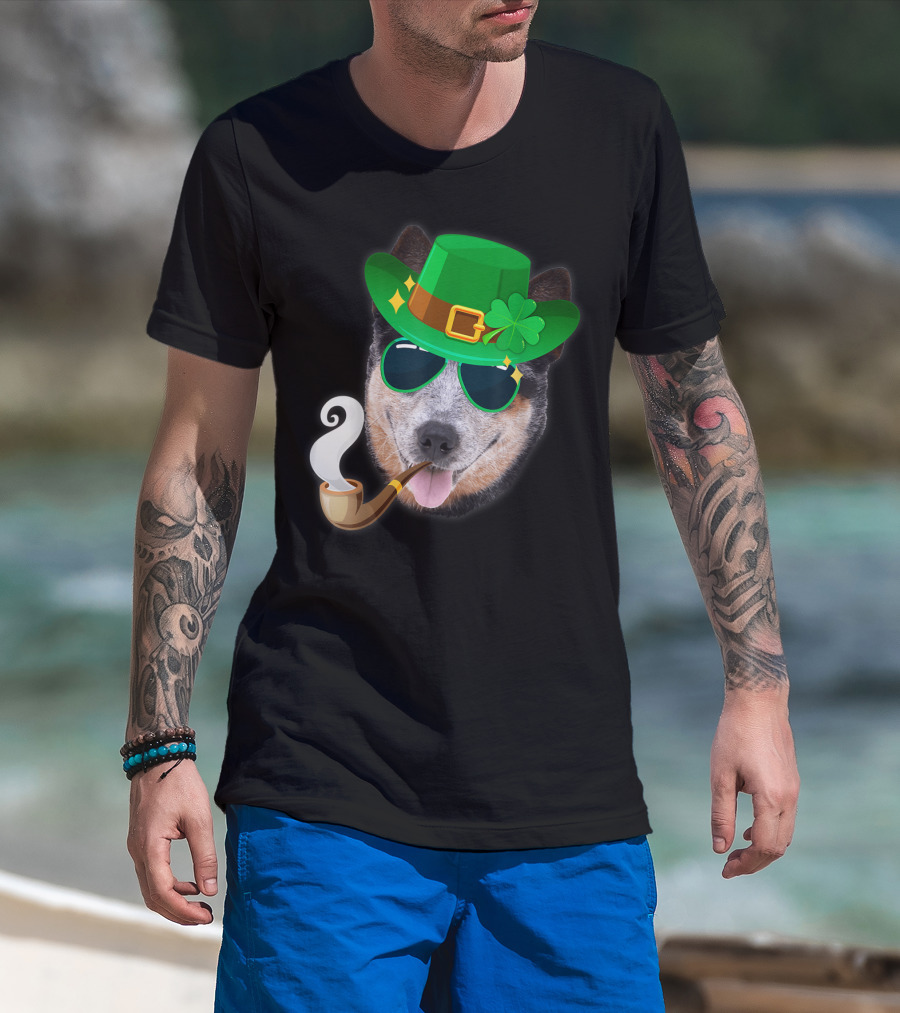 Australian Cattle Dog Leprechaun With Pipe And Shamrock Hat T-Shirt