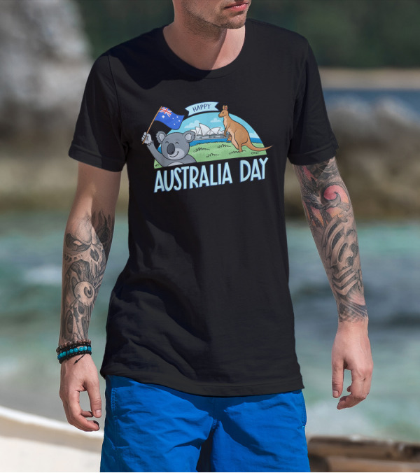 Happy Australia Day Koala Bear And Kangaroo With Australian Flag T-Shirt