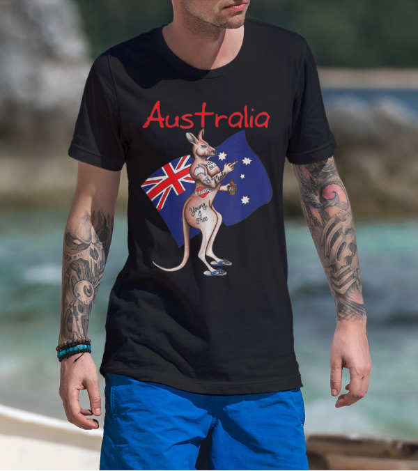 Australia Tattooed Kangaroo Young And Free Flag T-Shirt