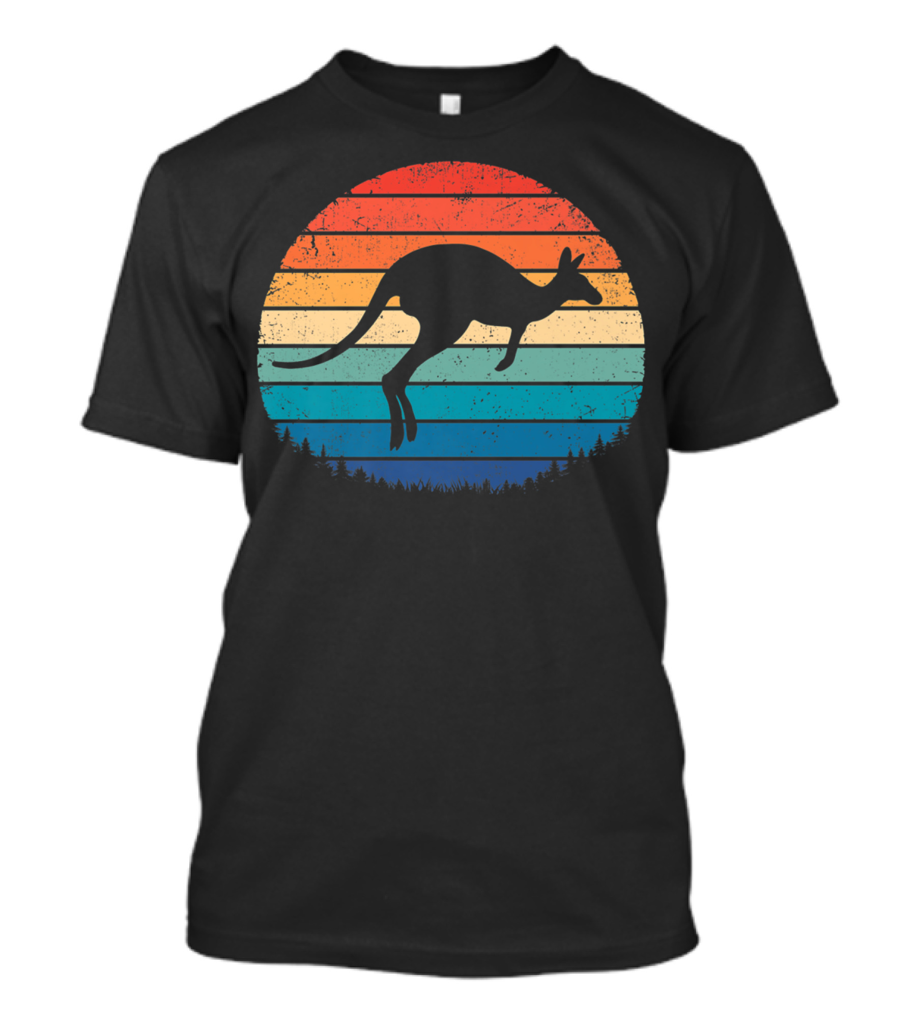 Australia Kangaroo Vintage Sunset Forest Silhouette Retro Stripes T-Shirt