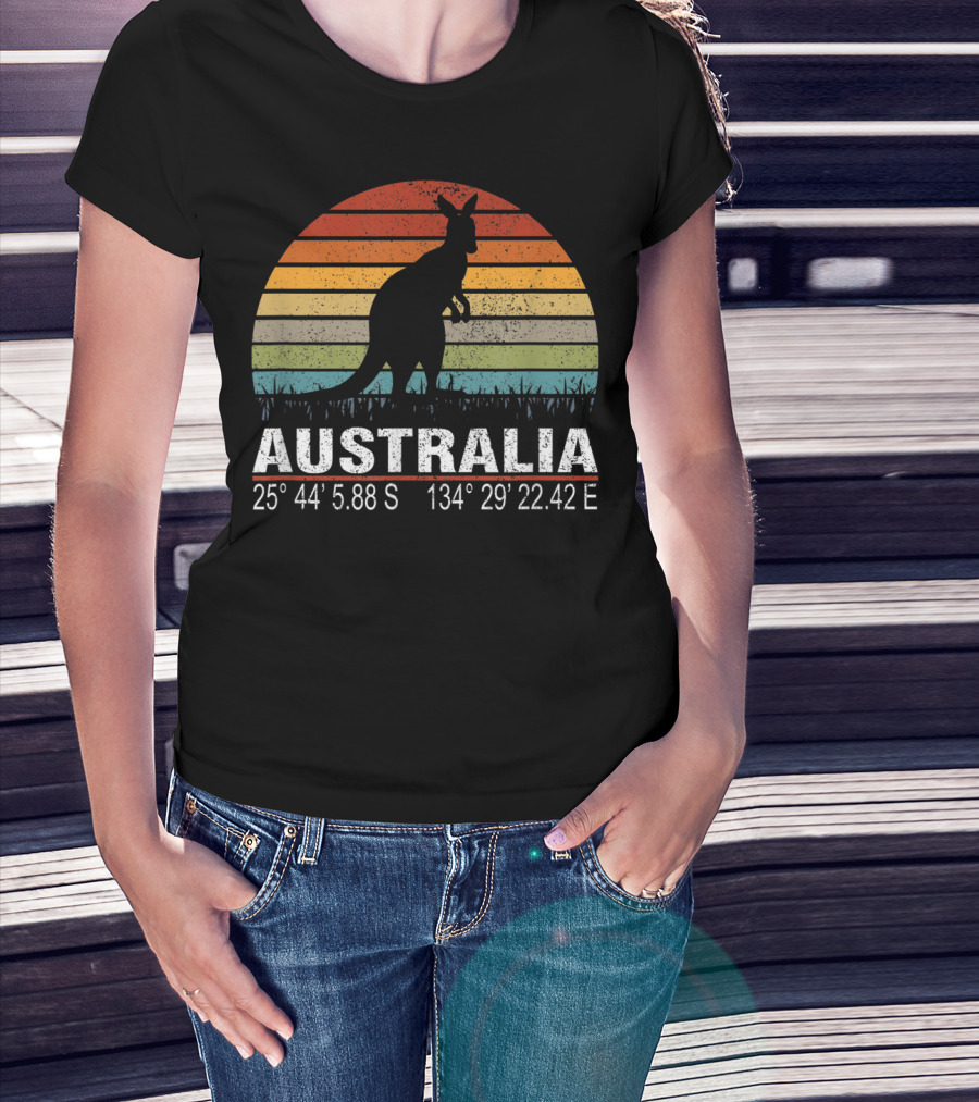 Australia Retro Kangaroo Silhouette Sunset With GPS Coordinates T-Shirt