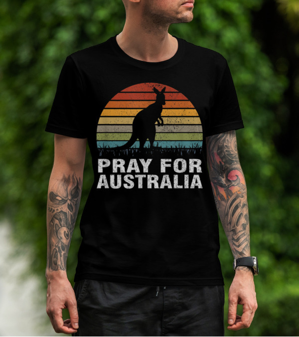 Retro Sun Stripes Kangaroo Silhouette Pray For Australia T-Shirt