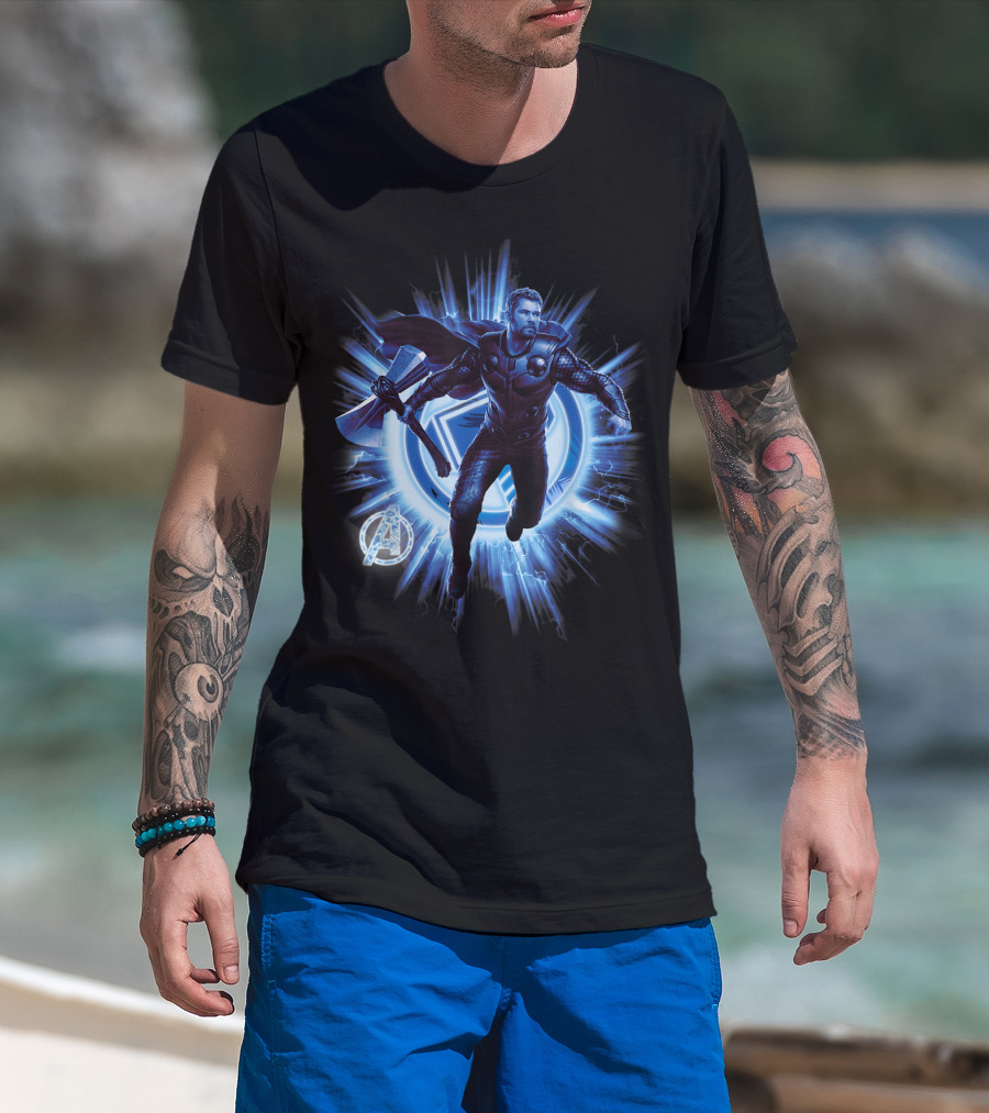 Thor Avengers Endgame Blast With Axe And Blue Lightning Background T-Shirt