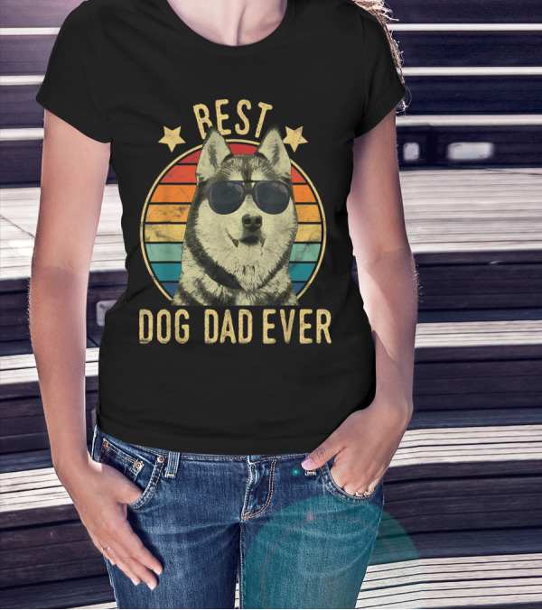Mens Best Dog Dad Ever Siberian Husky Wearing Sunglasses T-Shirt