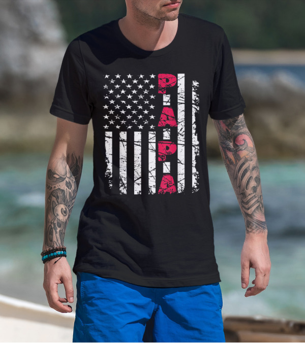Mens Proud Papa American Flag Christmas Husban T-Shirt