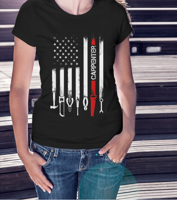 American Flag Carpenter Tools Vertical Stripes Saw Wrench Pliers Hammer T-Shirt