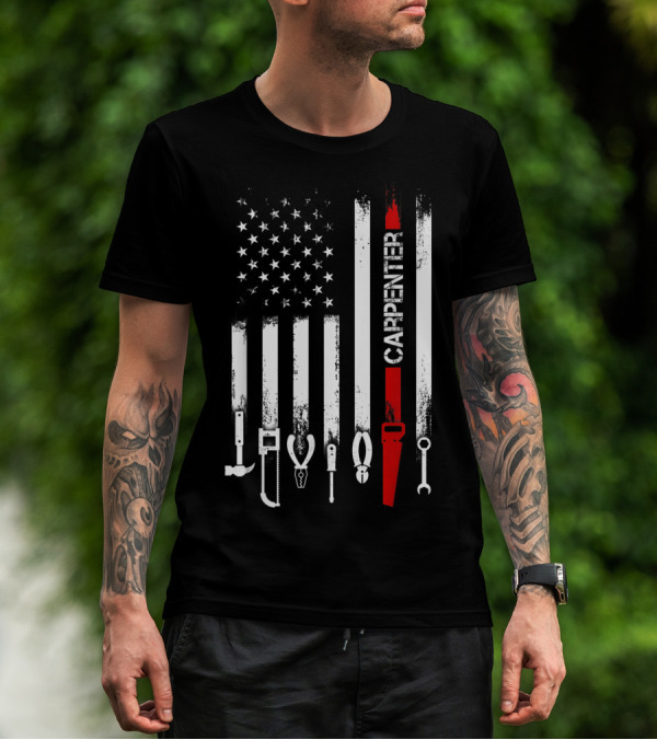 American Flag Carpenter Tools Vertical Stripes Saw Wrench Pliers Hammer T-Shirt