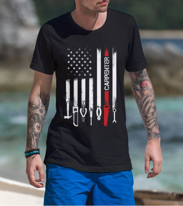 American Flag Carpenter Tools Vertical Stripes Saw Wrench Pliers Hammer T-Shirt