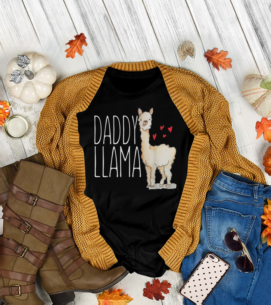 Daddy Llama Funny Matching Family Tribe Dad Hearts T-Shirt