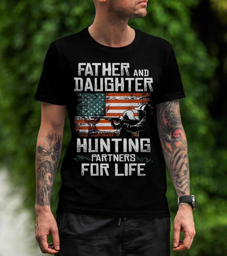 Father And Daughter Hunting Partners For Life American Flag T-Shirt