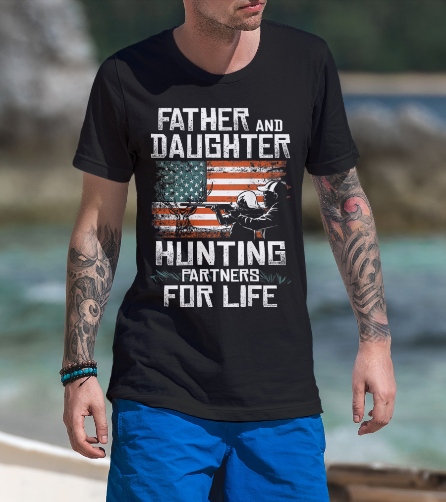 Father And Daughter Hunting Partners For Life American Flag T-Shirt