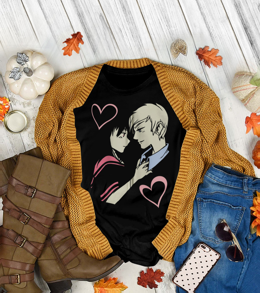 Romantic Anime Couple with Hearts T-Shirt