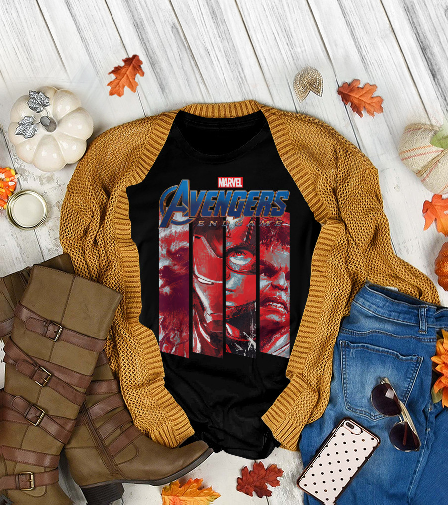 Marvel Avengers Endgame Characters in Red Tint Panels T-Shirt