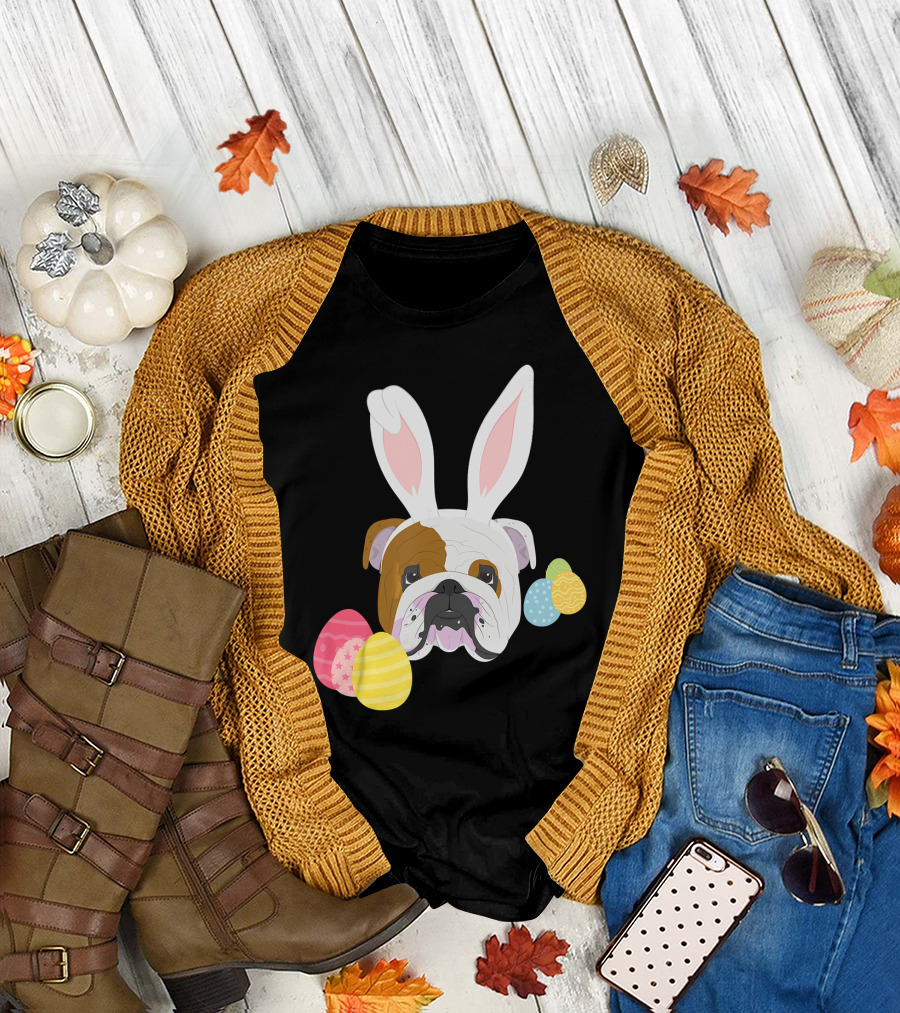 English Bulldog with Easter Bunny Ears Surrounded by Colorful Eggs T-Shirt