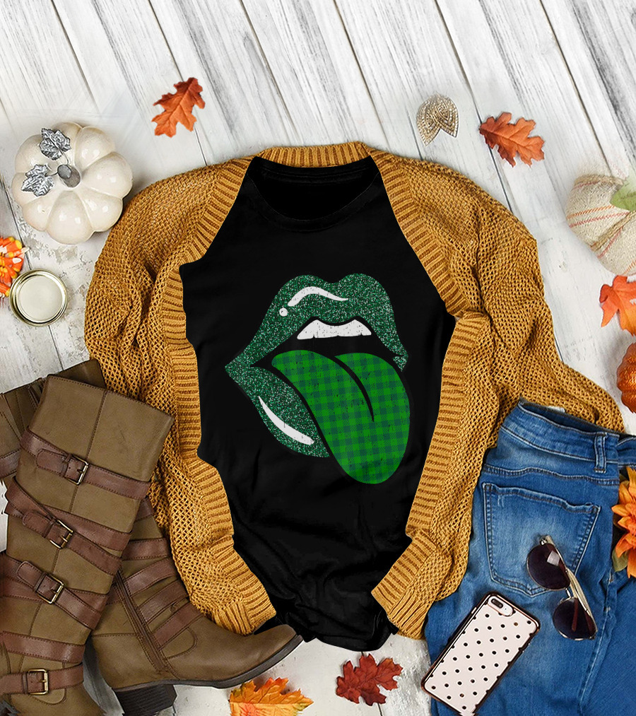 Green Plaid Tongue Lips Irish Ireland T-Shirt