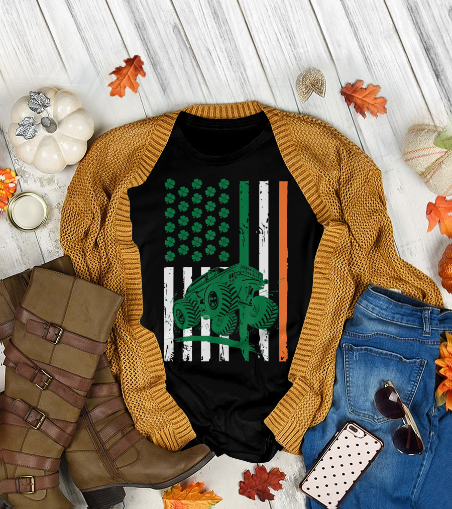 Irish American Flag Monster Truck St Patrick's Shamrock Stripes T-Shirt