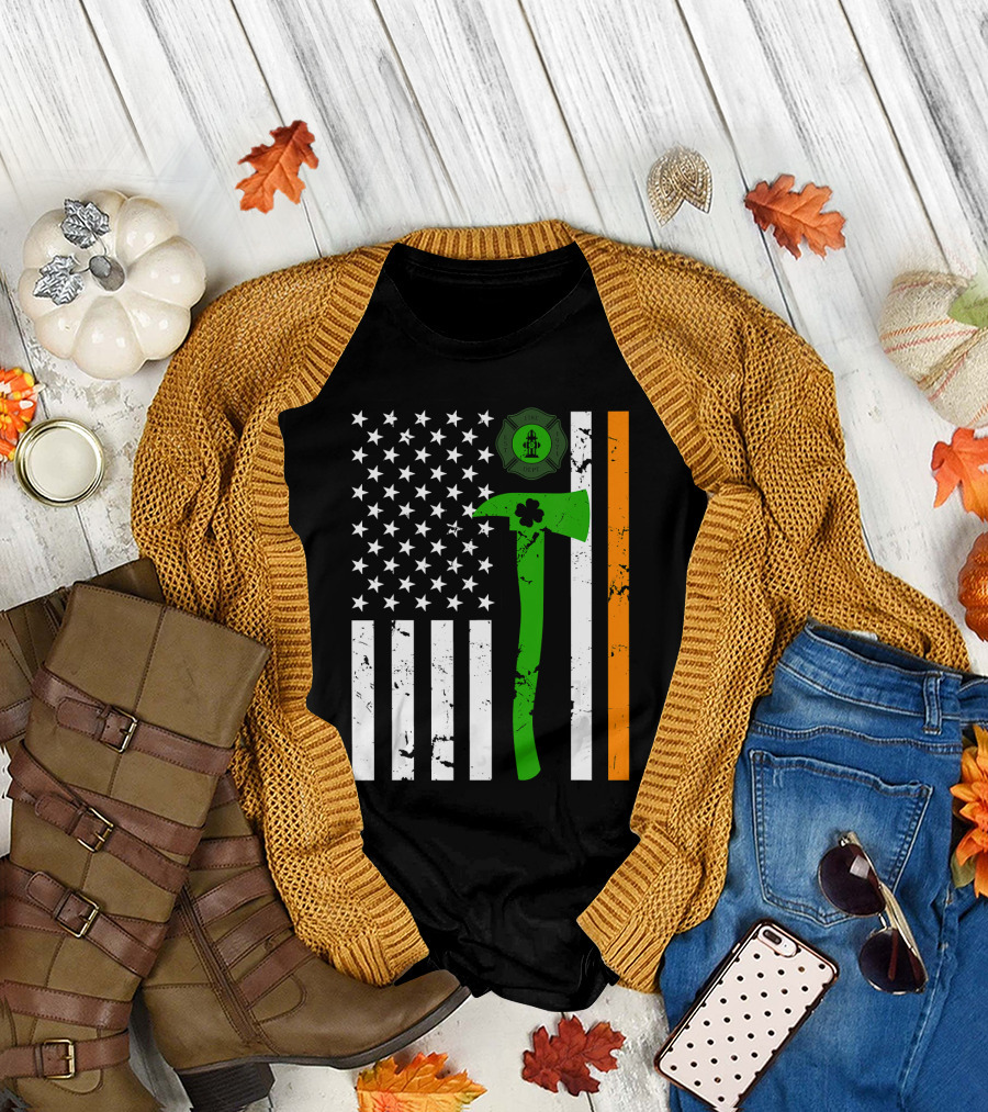 American Flag Irish Firefighter St Patricks Day Fireman Irish Heritage Axe Shamrock Badge T-Shirt