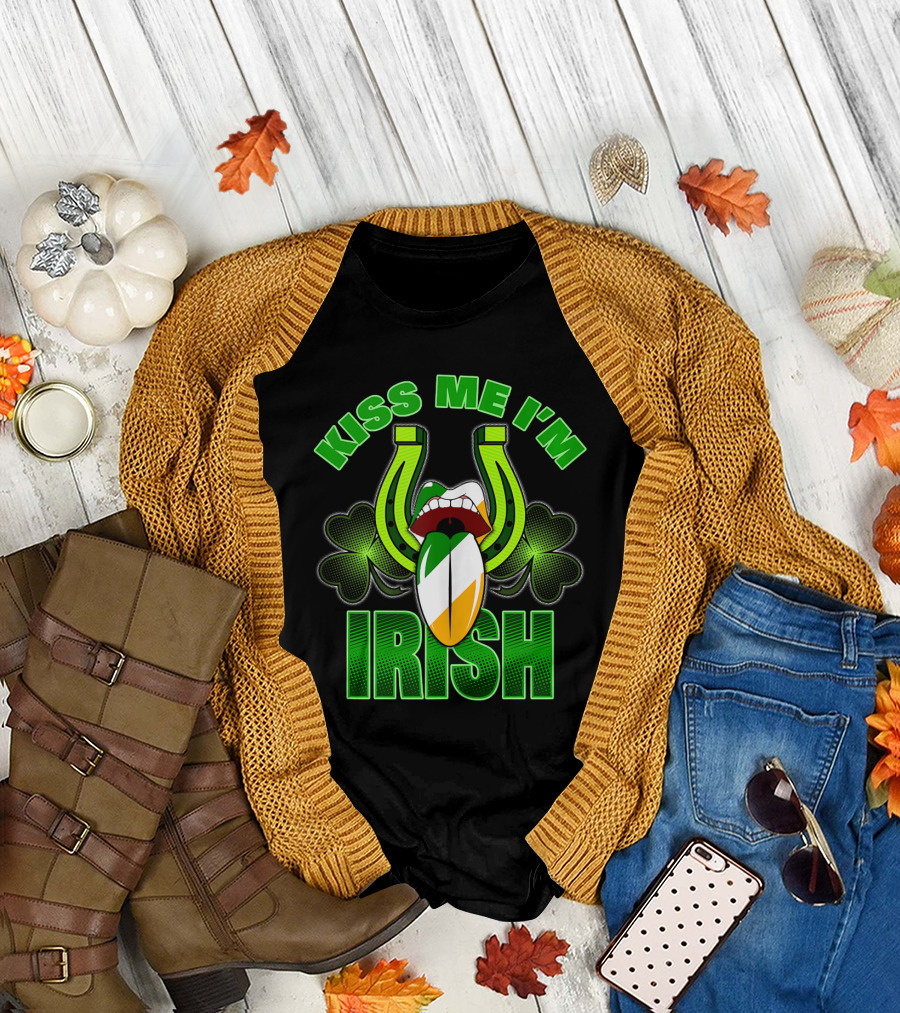 Kiss Me I'm Irish St Patrick's Day with Shamrocks and Horseshoes T-Shirt