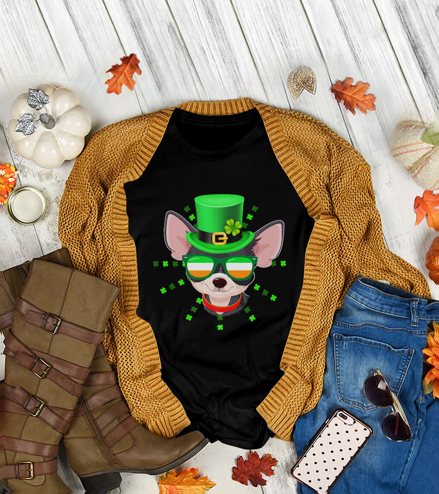 St. Patrick's Day Chihuahua in Green Hat with Irish Flag Shades and Shamrocks T-Shirt